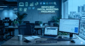 "Image of a professional workspace with a nameplate for Arjun V. - Best Digital Marketing Freelancer in India."