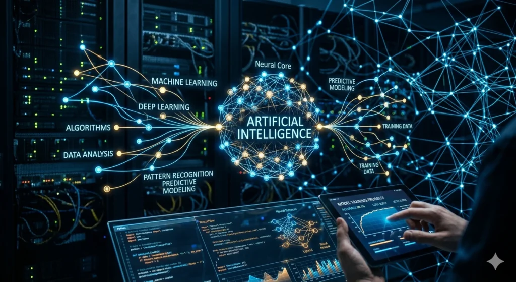 A conceptual image showing the relationship between artificial intelligence and machine learning, with a neural core at the center, surrounded by subfields like deep learning, algorithms, data analysis, and predictive modeling, all within a data center.