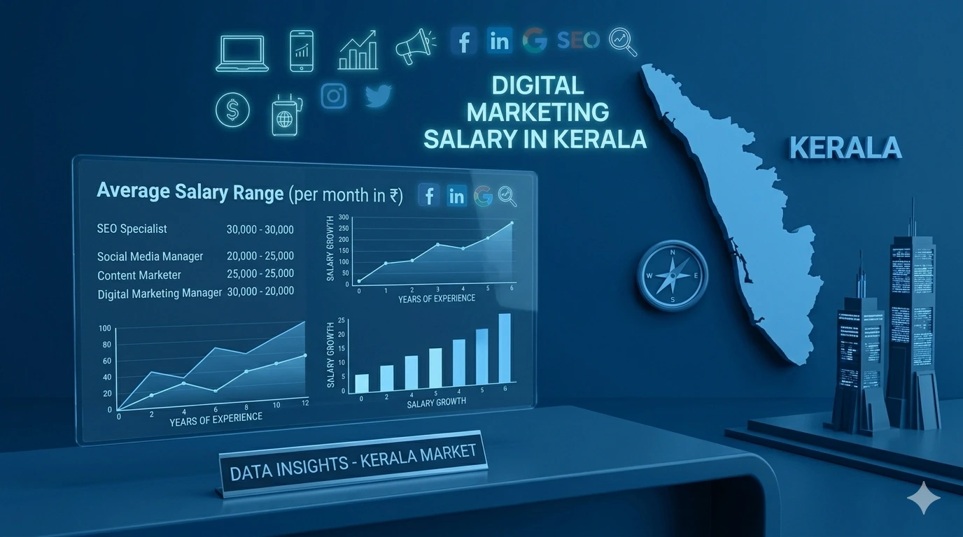 A data visualization dashboard displaying the digital marketing salary in Kerala, featuring charts on average salary ranges for roles like SEO specialist, social media manager, content marketer, and digital marketing manager based on years of experience, set against a map of Kerala.