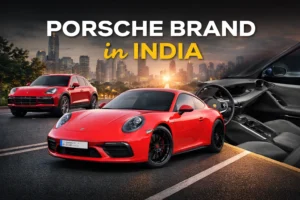 Porsche brand in India luxury sports cars with city skyline background showcasing premium design, performance, and modern automotive excellence