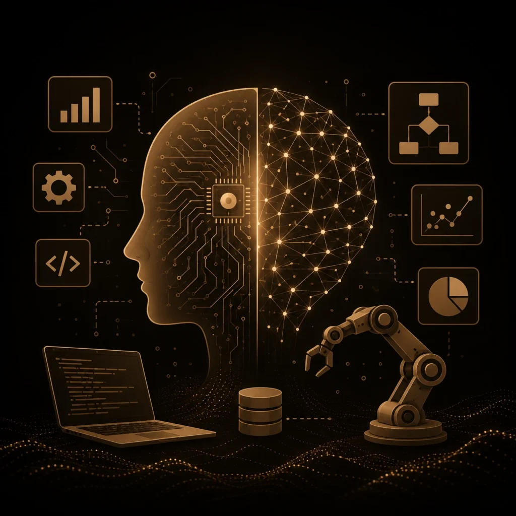 A conceptual image showing the relationship between artificial intelligence and machine learning, with a neural core at the center, surrounded by subfields like deep learning, algorithms, data analysis, and predictive modeling, all within a data center.