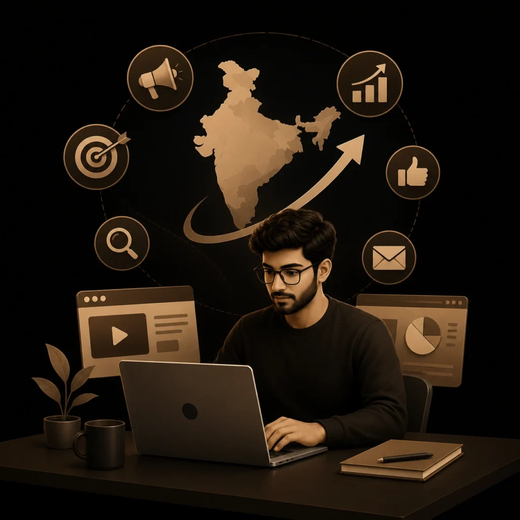 "Image of a professional workspace with a nameplate for Arjun V. - Best Digital Marketing Freelancer in India."