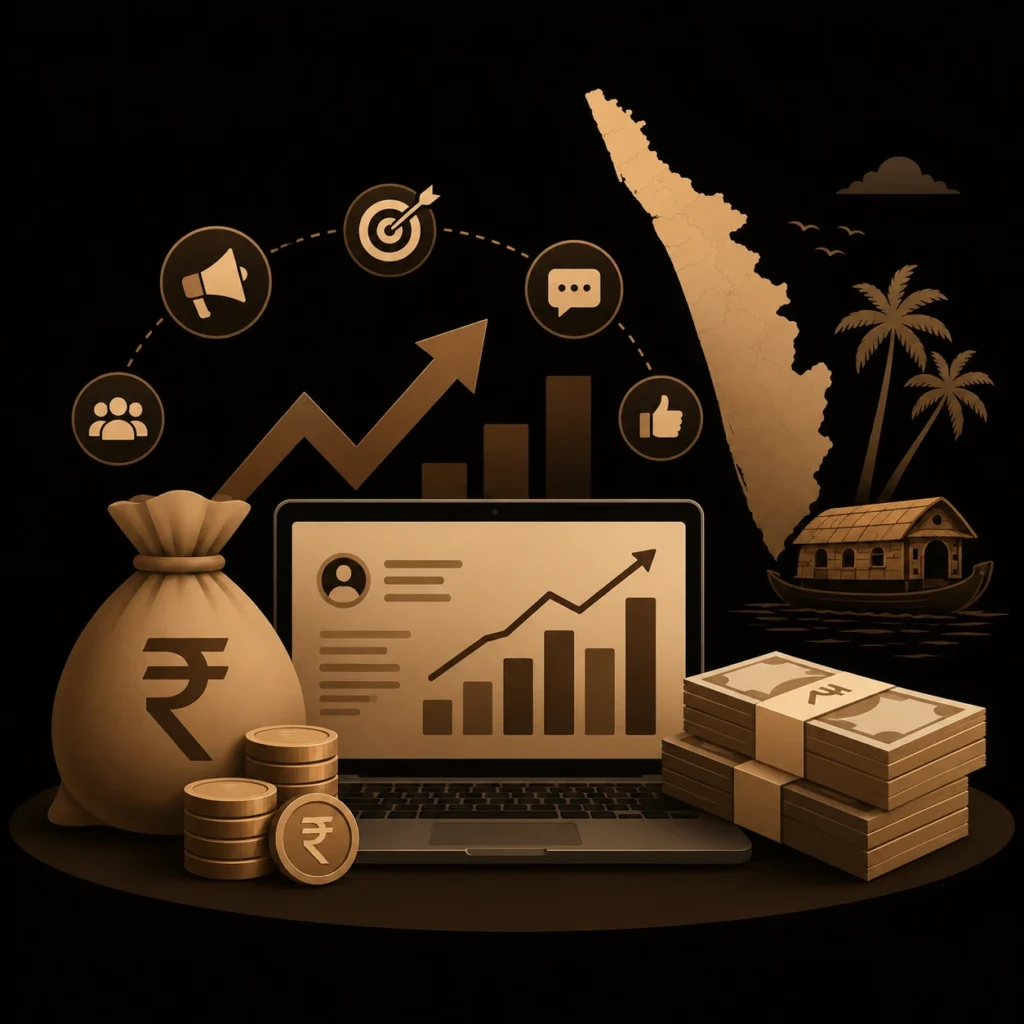 A data visualization dashboard displaying the digital marketing salary in Kerala, featuring charts on average salary ranges for roles like SEO specialist, social media manager, content marketer, and digital marketing manager based on years of experience, set against a map of Kerala.