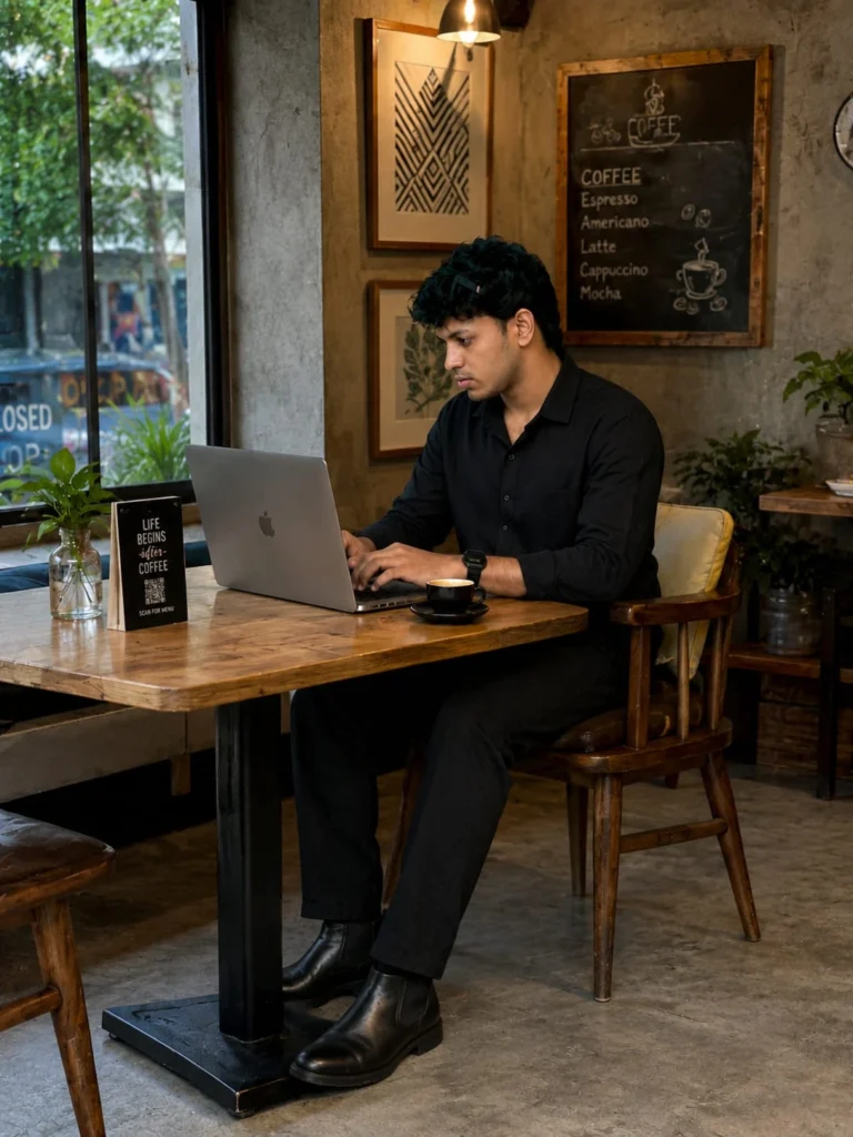 Best digital marketing freelancer in Malappuram working on a laptop in a modern café, showcasing a professional freelance workspace focused on SEO, Google Ads, social media marketing, and digital business growth.